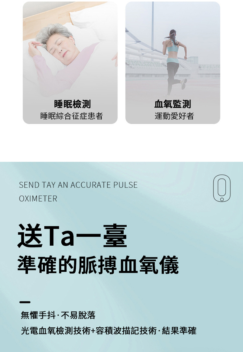 睡眠檢測血氧監測睡眠綜合征症患者運動愛好者SEND TAY AN ACCURATE PULSEOXIMETER送Ta一臺準確的脈搏血氧儀無懼手抖·不易脫落光電血氧檢測技術+容積波描記技術·結果準確