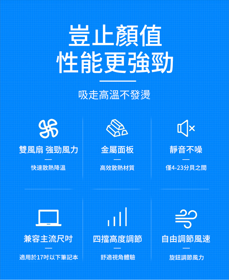 豈止顏值性能更強勁吸走高溫不發燙雙風扇 強勁風力金屬面板靜音不噪快速散熱降溫高效散熱材質僅4-23分貝之間兼容主流四擋高度調節自由調節風速適用於17以下筆記本舒適視角體驗旋鈕調節風力