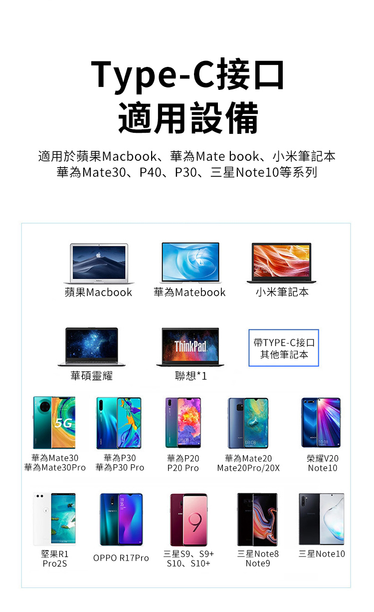 Type-C接口適用設備適用於蘋果Macbook、華為Mate book、小米筆記本華為Mate30、P40、P30、三星Note10等系列蘋果Macbook華為Matebook小米筆記本5GThinkPad帶TYPE-C接口其他筆記本華碩靈耀聯想*1 華為Mate30華為P30華為Mate30Pro華為P30 Pro華為P20P20 Pro華為Mate20榮耀Mate20Pro/20XNote10堅果R1三星S9、S9+三星Note8三星Note10OPPO R17ProPro2S S10+Note9