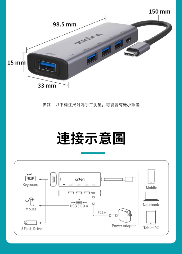 15 mmKeyboard33 mm98.5 mm備註: 以下尺吋為手工測量,可能會有微小誤差連接示意圖ontenAMouseUSB 3.0 X 4U Flash DrivePD 3.0MobileNotebookPower AdapterTablet PC150 mm