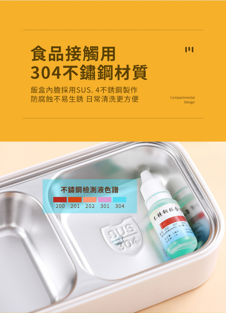 食品接觸用4不鏽鋼材質飯盒內膽採用SUS.4不銹鋼製作防腐蝕不易清洗更方便CompartmentalDesign不鏽鋼檢測液色譜200 201 202 301 304SUS30430