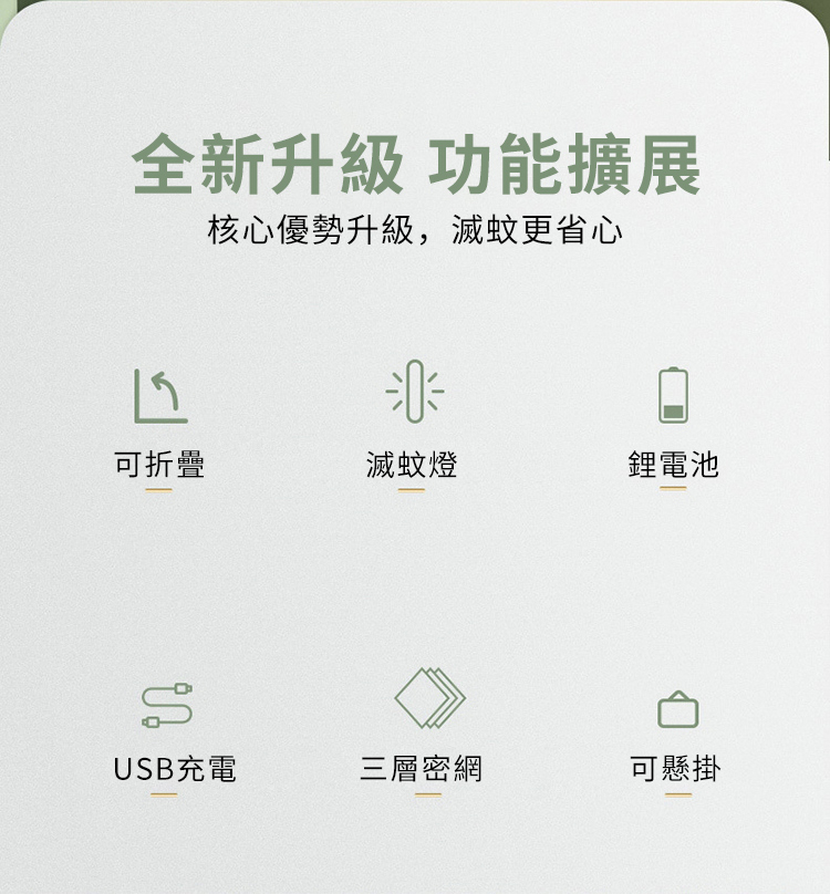 全新 功能擴展核心優勢升級,滅蚊更省心།༨可折疊滅蚊燈鋰電池USB充電三層密網可懸掛