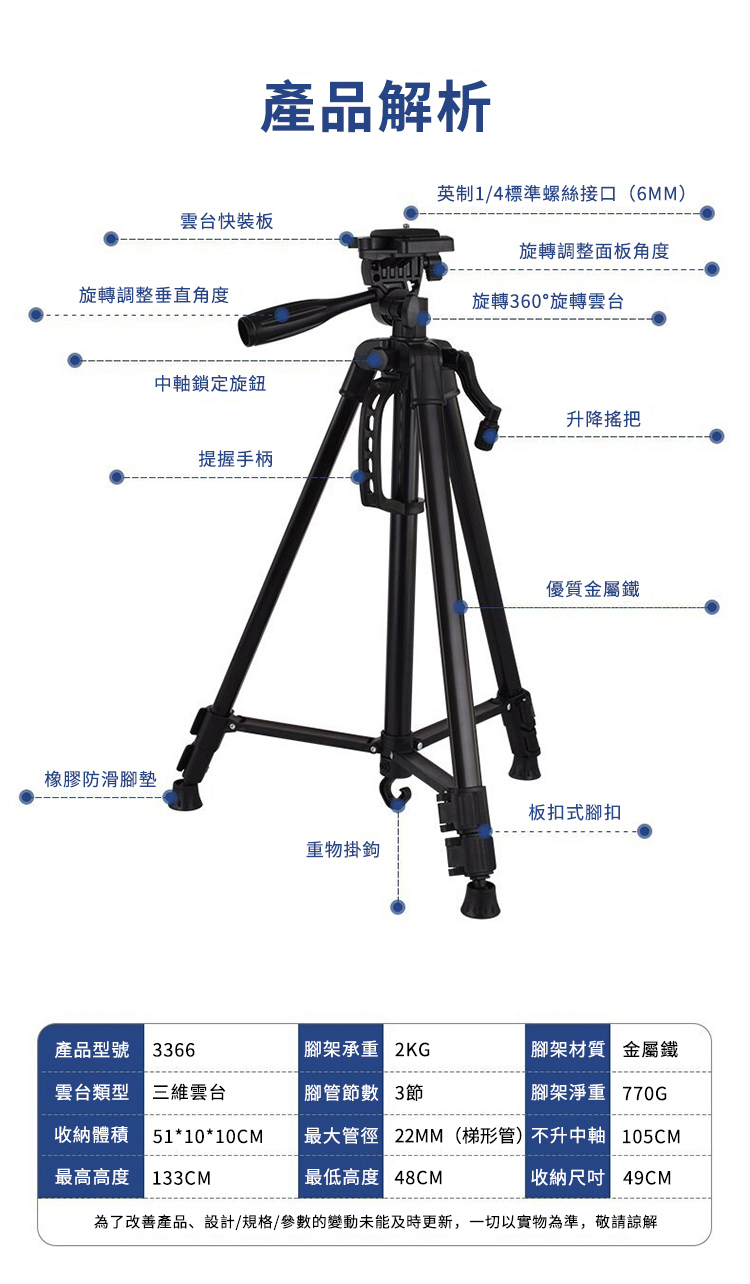 產品解析1/4標準螺絲接口(6MM)雲台快板旋轉調整面板角度旋轉調整垂直角度旋轉60°旋轉雲台橡膠防滑腳墊中軸鎖定旋鈕提握手柄升降把優質金屬鐵板扣式腳扣重物掛鉤產品型號 3366腳架承重 腳架材質 金屬鐵雲台類型雲台腳管 3節腳架淨重 收納體積51*10*10CM最大管徑 22MM(梯形管)不升中軸 105CM最高高度 最低高度 48CM收納尺吋49CM為了改善產品、設計/規格/參數的變動未能及時更新,一切以實物為準,敬請諒解