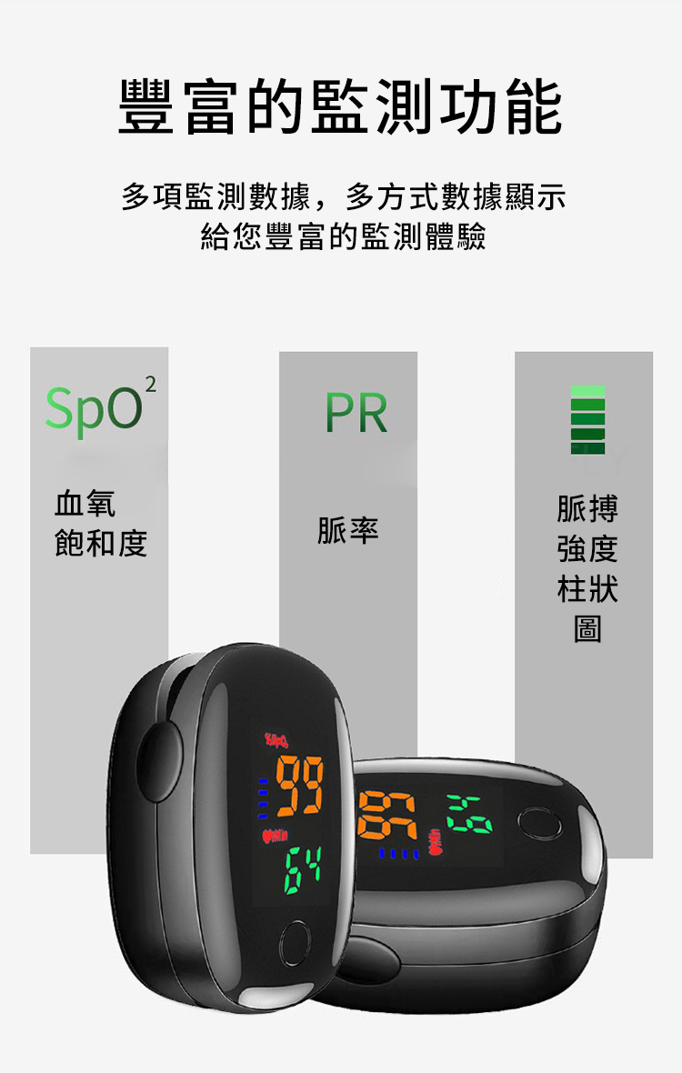 豐富的監測功能多項監測數據,多方式數據顯示給您豐富的監測體驗Spo2PR血氧脈搏飽和度脈率強度柱狀