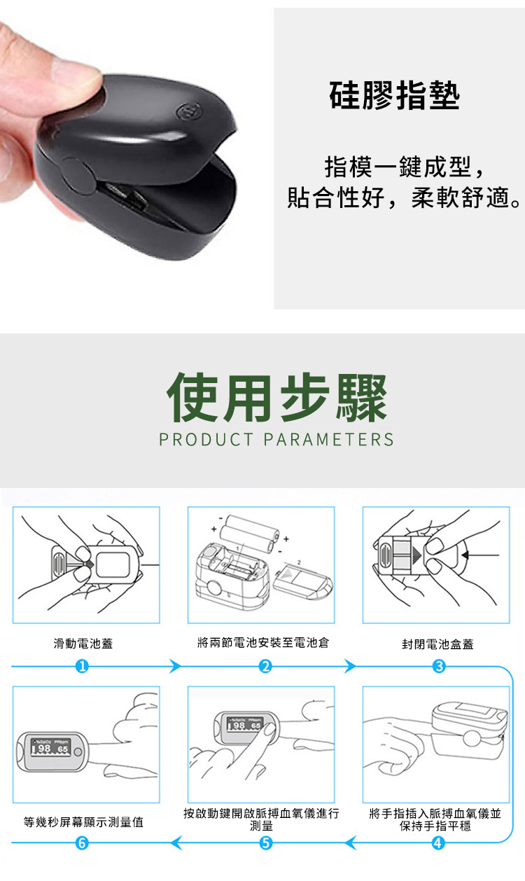 硅膠指墊指模一鍵成型,貼合性好,柔軟舒適。使用步驟PRDUCT PARAMETERS滑動電池蓋將兩節電池安裝至電池倉封閉電池盒蓋  65 O等幾秒屏幕顯示測量值6按啟動鍵開啟脈搏血氧儀進行測量將手指插入脈搏血氧儀並保持手指平穩