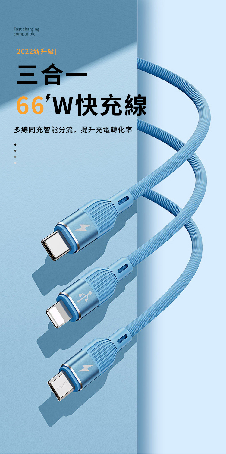 Fast chargingcompatible[2022新升級]三合一快充線多線同充智能分流,提升充電轉化率