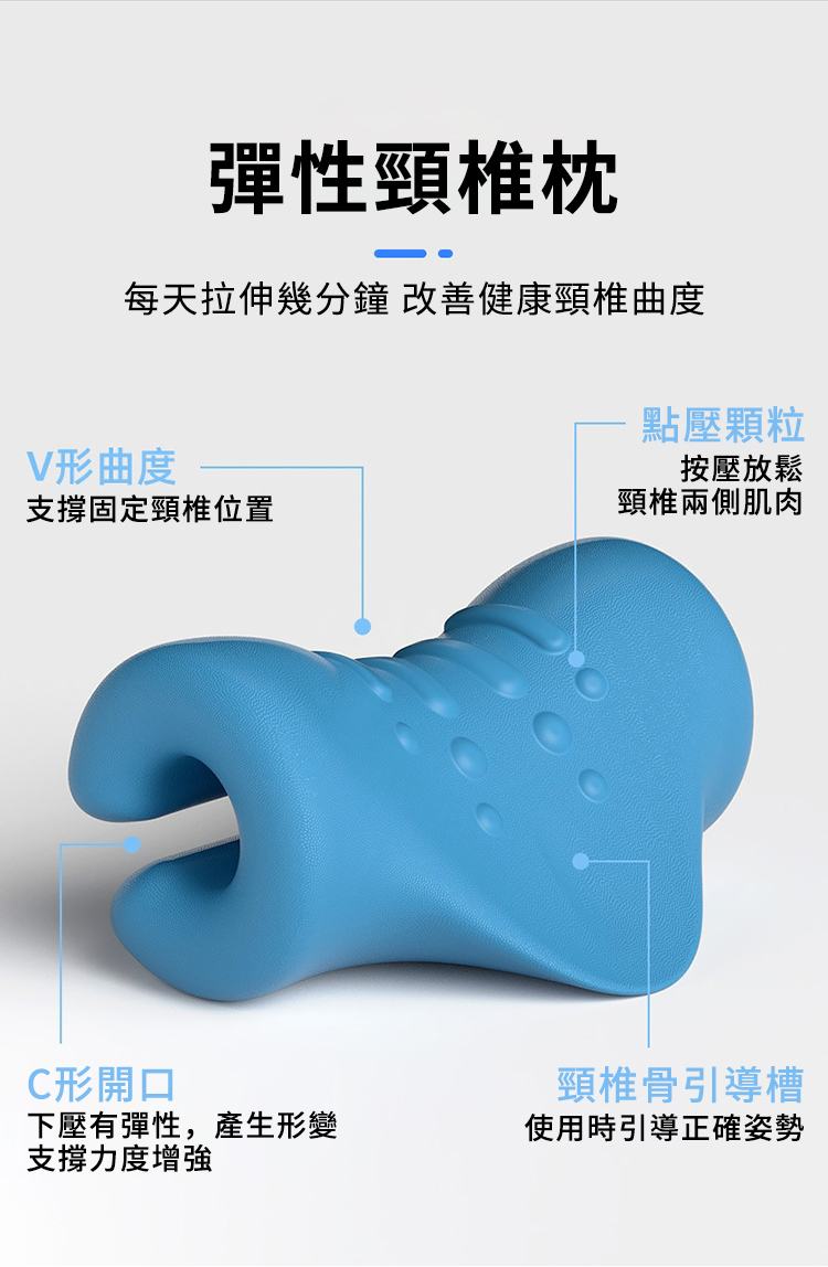 彈性頸椎枕每天拉伸幾分鐘 改善健康頸椎曲度點壓顆粒形曲度按壓放鬆支撐固定頸椎位置頸椎兩側肌肉C形開口頸椎骨引導槽下壓有彈性,產生形變使用時引導正確姿勢支撐力度增強
