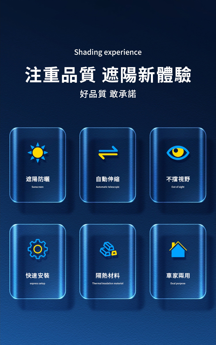 Shading experience注重品質 遮陽新體驗好品質 承諾遮陽防曬自動伸縮不擋視野SunscreenAutomatic telescopicOut of sight快速安裝隔熱材料express setupThermal insulation material車家兩用Dual purpose