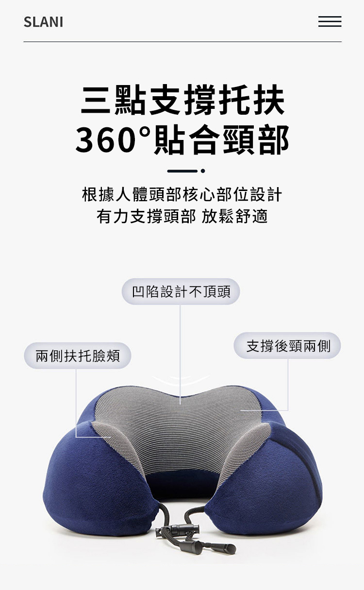 SLANI三點支撐托扶360°貼合頸部根據人體頭部核心部位設計有力支撐頭部 放鬆舒適兩側扶托臉頰凹陷設計不頂頭支撐後頸兩側