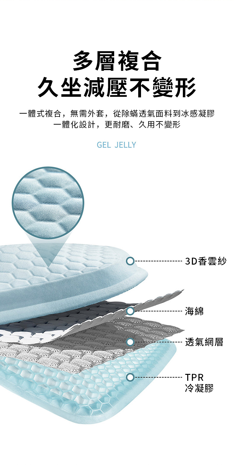 多層複合久坐減壓不變形一體式複合,無需外套,從除蟎透氣面料到冰感凝膠一體化設計,更耐磨、久用不變形GEL JELLY3D香雲紗海綿透氣網層TPR冷凝膠
