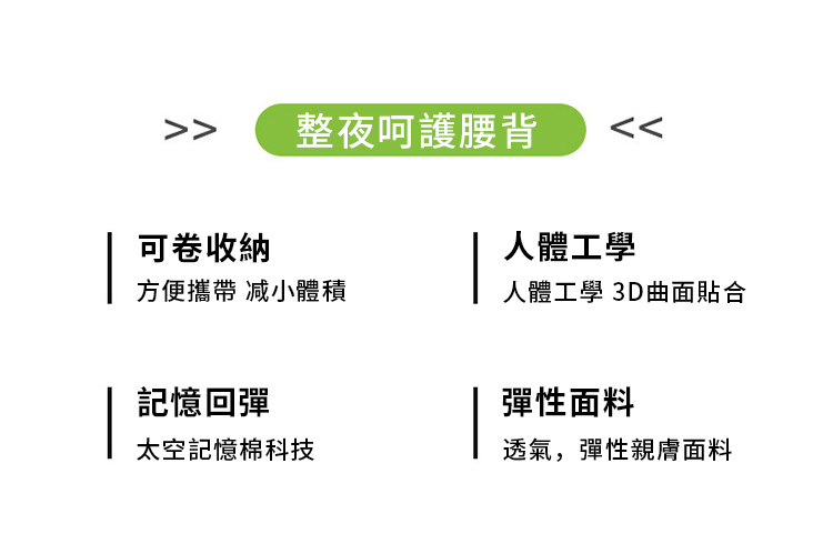  整夜呵護腰背可卷收納人體工學方便攜帶 减小體積人體工學 3D曲面貼合記憶回彈彈性面料太空記憶棉科技透氣,彈性親膚面料