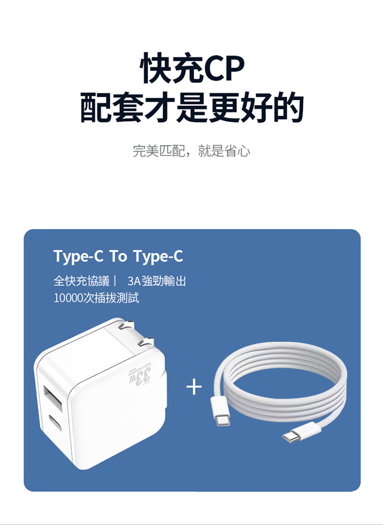 快充CP配套才是更好的完美匹配,就是省心Type-C To Type-C全快充協議 3A強勁輸出1000次插拔測試+0