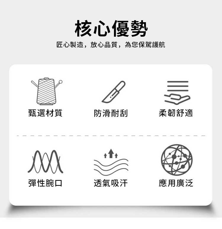 核心優勢匠心製造,放心品質,為您保駕護航甄選材質防滑耐刮柔韌舒適彈性腕口透氣吸汗應用廣泛