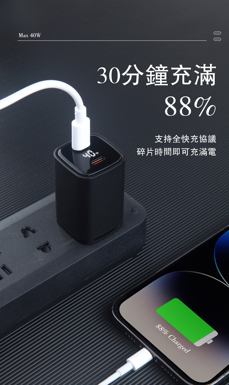 Max 40W30分鐘充滿88%支持全快充協議碎片時間即可充滿電88% Charged