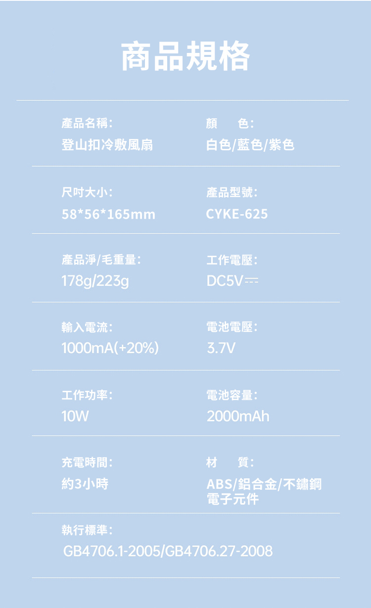 商品規格產品名稱:顏 色:登山扣冷敷風扇白色/藍色/紫色尺吋大小:58*56*165mm產品淨/毛重量:178g/223gp輸入電流:1000mA(+20%)產品型號:CYKE-625工作電壓:DC5V電池電壓:3.7V工作功率:電池容量:10W2000mAh充電時間:材 質:約3小時ABS/鋁合金/不鏽鋼電子元件執行標準:GB4706.1-2005/GB4706.27-2008