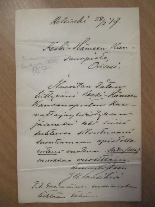 Kirje 28.2.1917, allekirjoitus J.K. Paasikivi - Paasikivi J.K. | Antikvaarinen Kirjakauppa Tessi | Osta Antikvaarista - Kirjakauppa verkossa