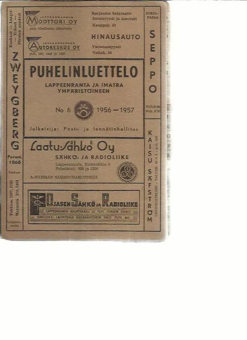 Puhelinluettelo lappeenranta ja Imatra ympäristöineen no 6 1956-1957 |  Antikvariaatti Punaparta | Osta Antikvaarista - Kirjakauppa