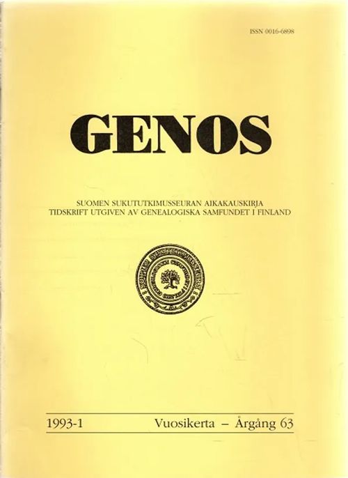 Genos 1-4/1993 - Suomen Sukututkimusseuran aikakauskirja - Vuosikerta | Antikvariaatti Taide ja kirja | Osta Antikvaarista - Kirjakauppa verkossa