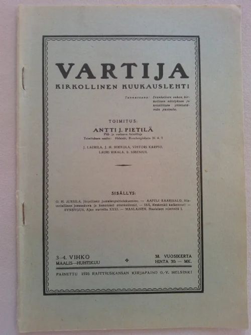 Vartija - kirkollinen kuukausilehti no 3-4/1925 - Pietilä Antti J. (päätoim.) | Helsingin Antikvariaatti | Osta Antikvaarista - Kirjakauppa verkossa