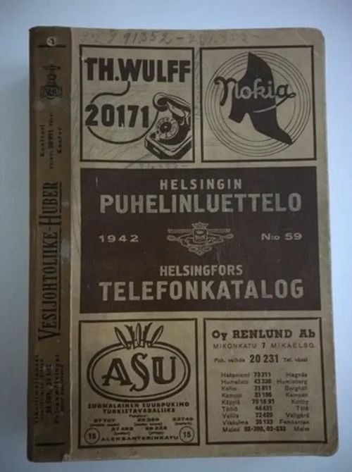 Helsingin puhelinluettelo 1942 - n:o 59 - Helsingfors telefonkatalog | Helsingin Antikvariaatti | Osta Antikvaarista - Kirjakauppa verkossa