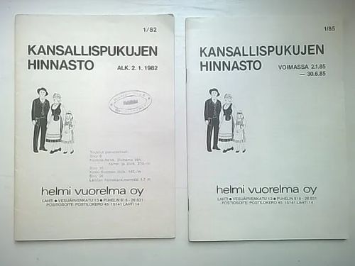 Kansallispukujen hinnasto 2/82 alk. 2.1.1982 ja Kansallispukujen hinnasto 1/85 voimassa 2.1.85-30.6.85 | Helsingin Antikvariaatti | Osta Antikvaarista - Kirjakauppa verkossa