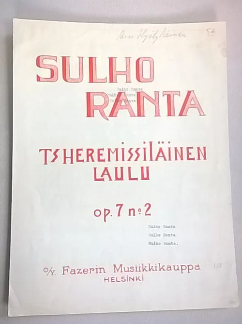 Tsheremissiläinen laulu - nuotit ja sanat - Ranta Sulho | Helsingin Antikvariaatti | Osta Antikvaarista - Kirjakauppa verkossa