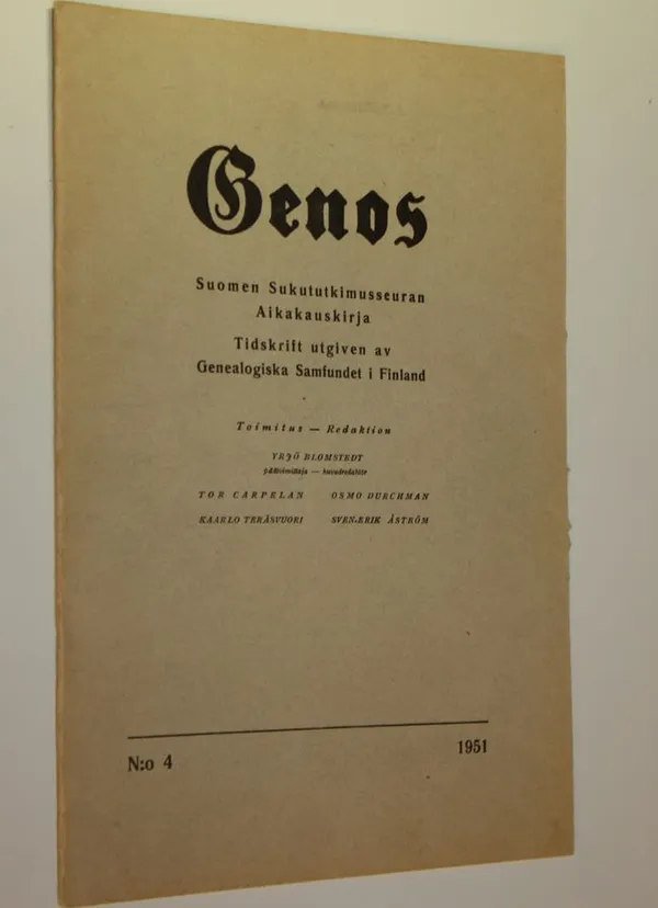 Genos 4/1951 : Sukutieteellinen aikakauskirja | Finlandia Kirja | Osta Antikvaarista - Kirjakauppa verkossa