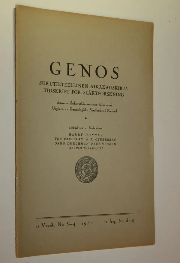 Genos 3-4/1940 : Sukutieteellinen aikakauskirja | Finlandia Kirja | Osta Antikvaarista - Kirjakauppa verkossa