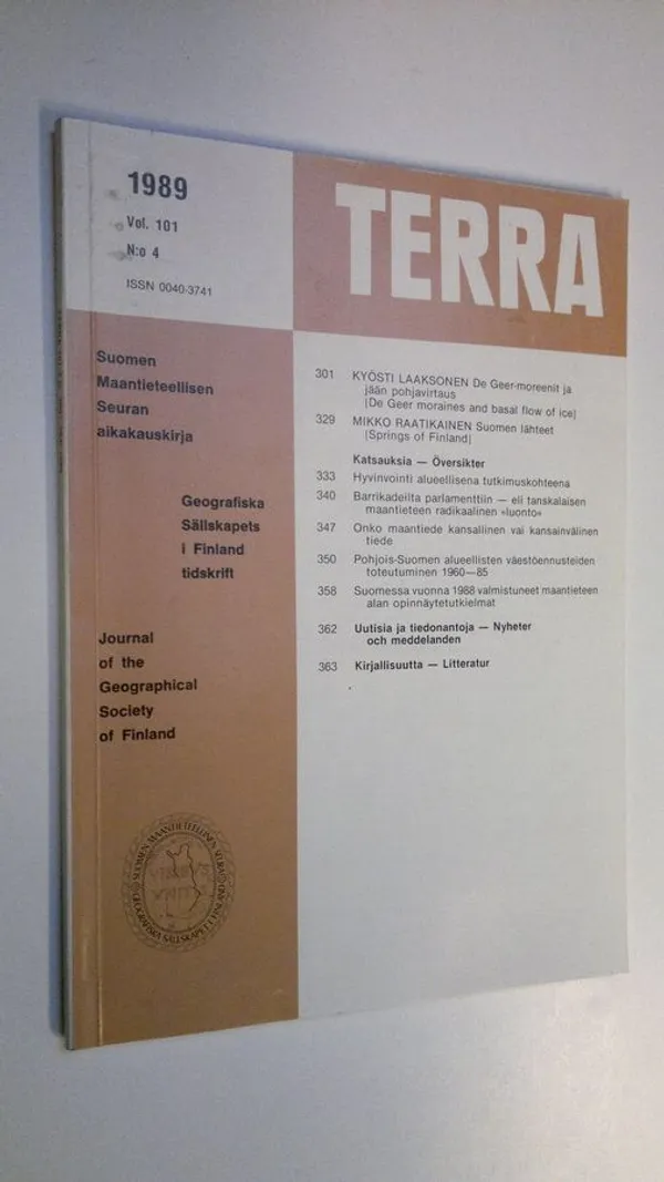 Terra 1989 vol 101 n:o 4 : Suomen maantieteellisen seuran aikakauskirja | Finlandia Kirja | Osta Antikvaarista - Kirjakauppa verkossa