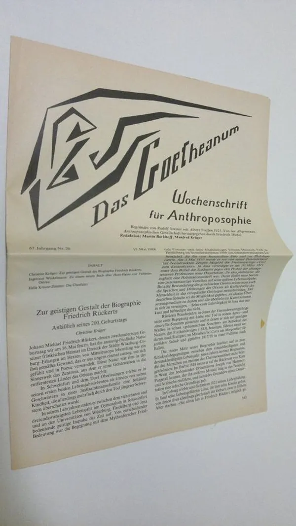 Das Goetheanum nr. 20/1988 : Wochenschrift fur Anthroposophie - Barkhoff, Martin (red.) | Antikvaari - kirjakauppa verkossa