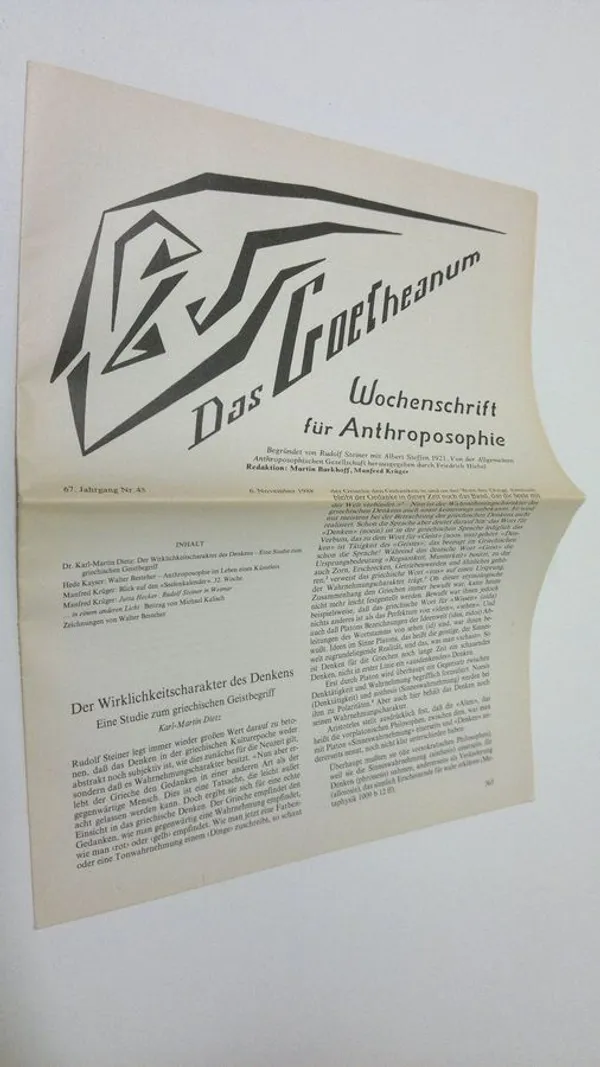 Das Goetheanum nr. 45/1988 : Wochenschrift fur Anthroposophie - Barkhoff, Martin (red.) | Antikvaari - kirjakauppa verkossa