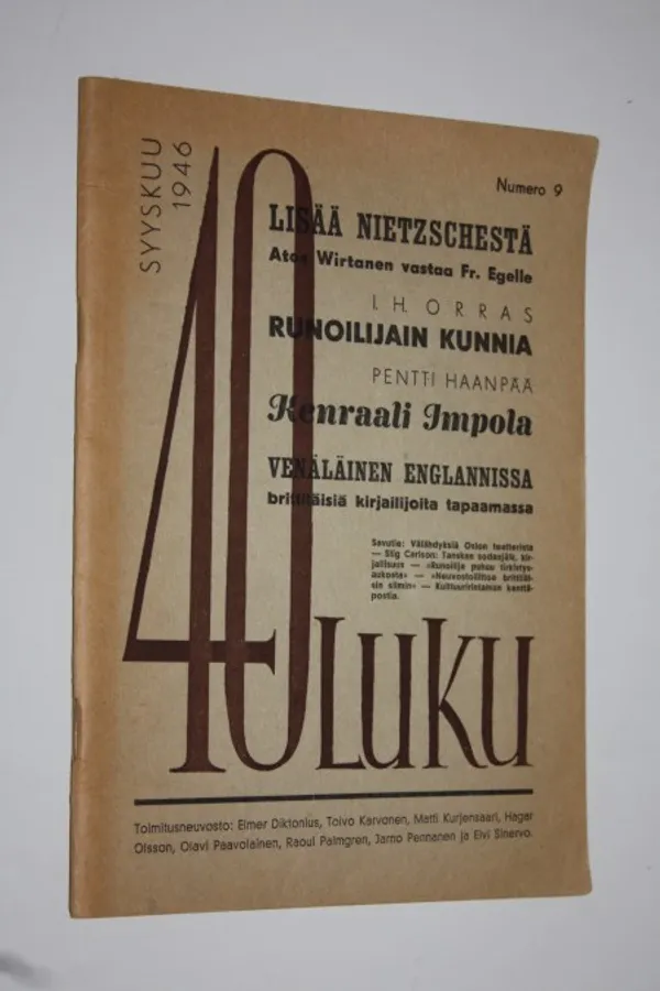 40-luku syyskuu 1946 nro 9 : sosialistisen sivistyksen ja kulttuurisuomalaisuuden aikakauskirja | Finlandia Kirja | Osta Antikvaarista - Kirjakauppa verkossa