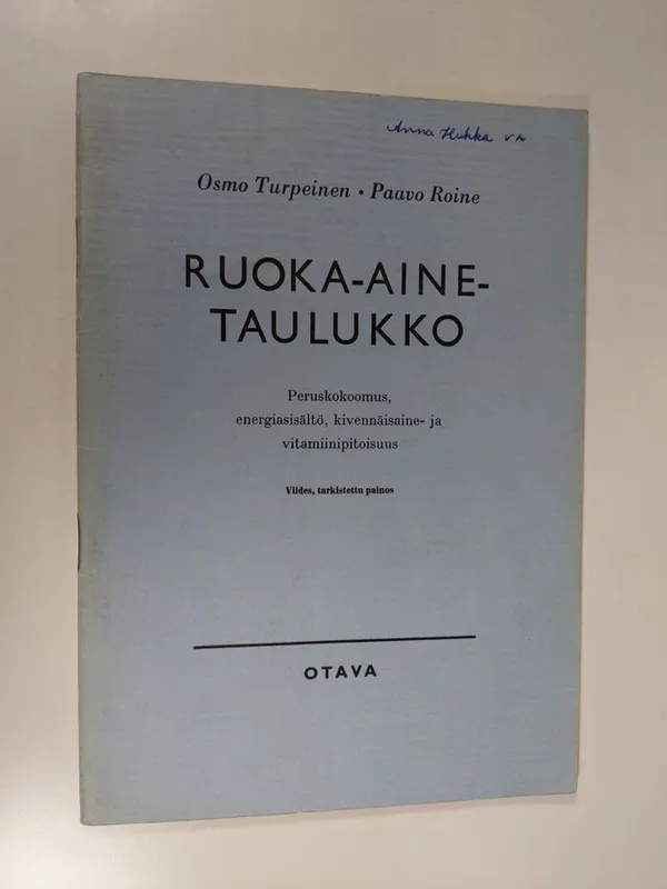 Ruoka-ainetaulukko : peruskokoomus, energiasisältö, kivennäisaine- ja  vitamiinipitoisuus - Turpeinen Osmo | Finlandia Kirja | Osta Antikvaarista  - Kirjakauppa