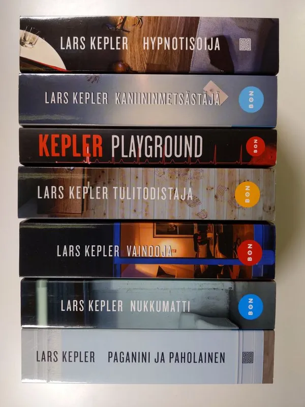 Lars Kepler -paketti (7 kirjaa) : Vainooja ; Tulitodistaja ; Nukkumatti ; Playground ; Hypnotisoija ; Paganini ja paholainen ; Kaniininmetsästäjä - Kepler, Lars | Finlandia Kirja | Osta Antikvaarista - Kirjakauppa verkossa