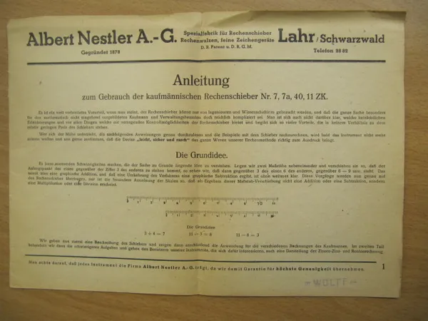 Anleitung zum Gebrauch der kaufmännischen Rechenschieber Nr. 7, 7a, 40, 11 ZK. | Kirja Waldemar | Osta Antikvaarista - Kirjakauppa verkossa