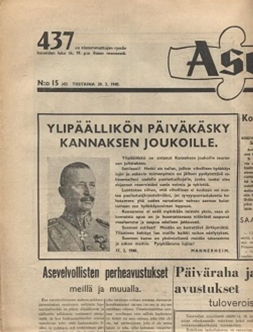 Aseveli N:o 15/1940 | Vantaan Antikvariaatti Oy | Osta Antikvaarista - Kirjakauppa verkossa