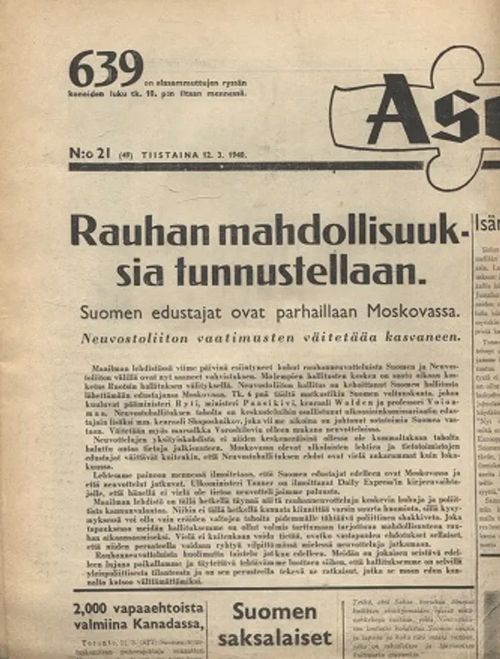 Aseveli N:o 21/1940 | Vantaan Antikvariaatti Oy | Osta Antikvaarista - Kirjakauppa verkossa