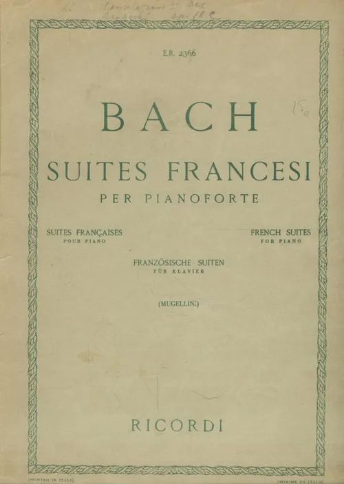 Suites Francesi per pianoforte (Ranskalainen sarja) - Bach Johan Sebastian | Antikvaarinen kirjakauppa Aleksis K. | Osta Antikvaarista - Kirjakauppa verkossa