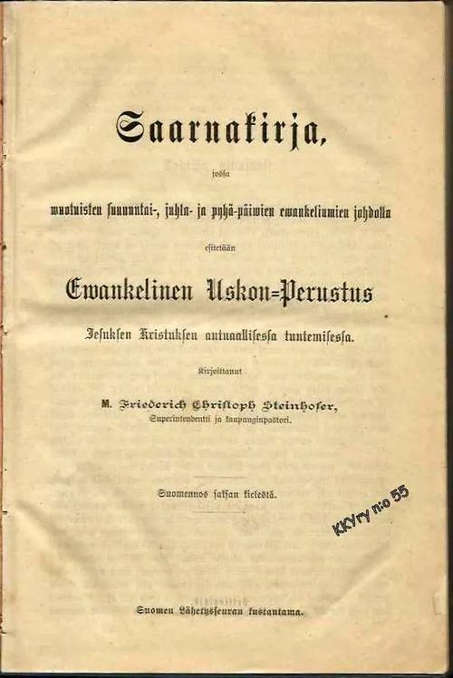 Saarnakirja - Steinhofer Friedrich Christoph | Kristillisen Kirjan Ystävät ry | Osta Antikvaarista - Kirjakauppa verkossa