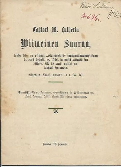 Tohtori M. Lutherin Wiimeinen Saarna - Luther Martti | Wanhat kirjat | Osta Antikvaarista - Kirjakauppa verkossa
