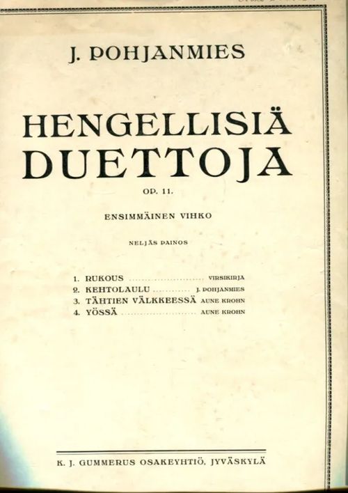 Hengellisiä duettoja Op. 11 - Ensimmäinen vihko - Pohjanmies J. | Antikvariaatti Lukuhetki | Osta Antikvaarista - Kirjakauppa verkossa