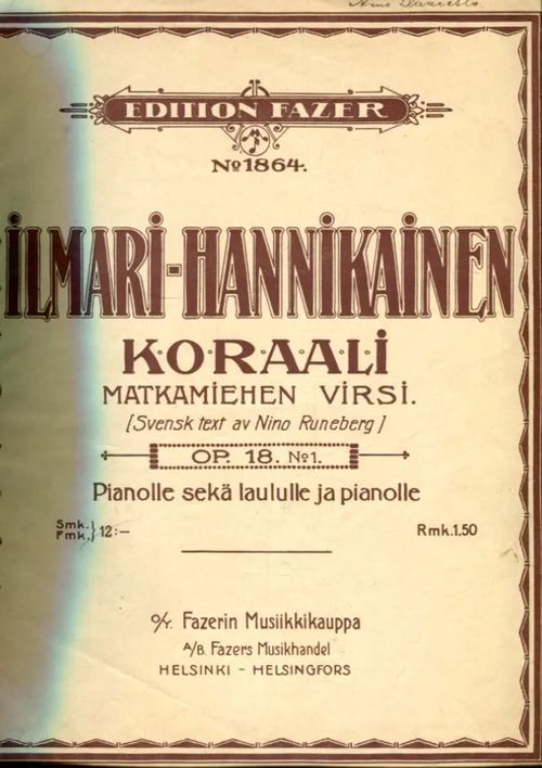 Koraali: Matkamiehen virsi Op. 18 N:o 1 Pianolle sekä laululle ja pianolle - Hannikainen Ilmari | Antikvariaatti Lukuhetki | Osta Antikvaarista - Kirjakauppa verkossa