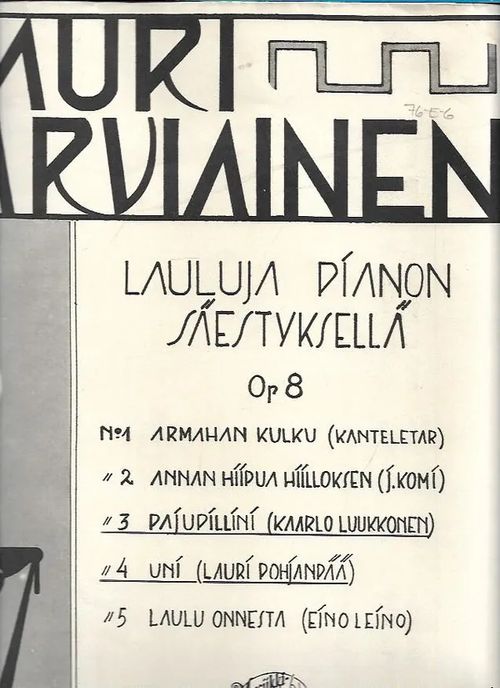 Lauluja pianon säestyksellä Op. 8 - Parviainen Lauri | Antikvariaatti Vihreä Planeetta | Osta Antikvaarista - Kirjakauppa verkossa