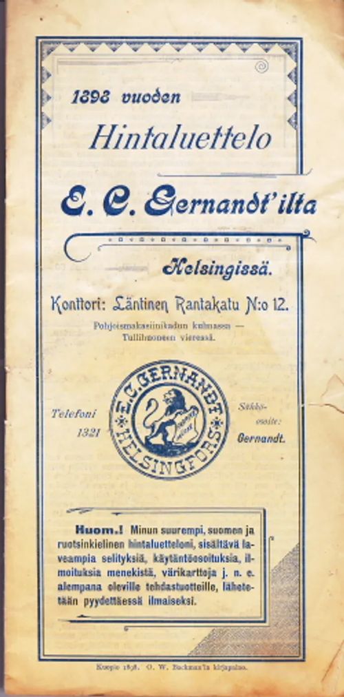 1898 vuoden Hintaluettelo E.C. Gernandt'ilta - 1898 Priskurant från E.C. Gernandt | Antikvaarinen Kirjakauppa Johannes | Osta Antikvaarista - Kirjakauppa verkossa