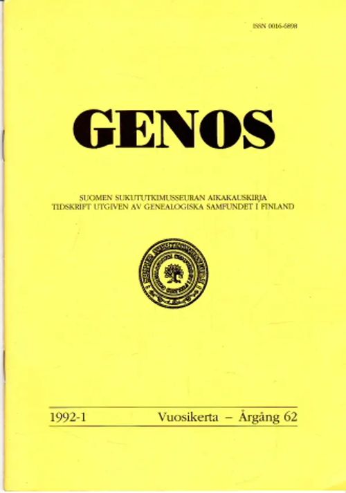 Genos 1992/1-4 [Vsk irtonumeroina] [Sis. mm. Luther: Släkten Hollender Ridder 11s., Dyhr Sylvin: Släkten Sjöholm-Sysikaski från Pernå 5s.] | Antikvaarinen Kirjakauppa Johannes | Osta Antikvaarista - Kirjakauppa verkossa