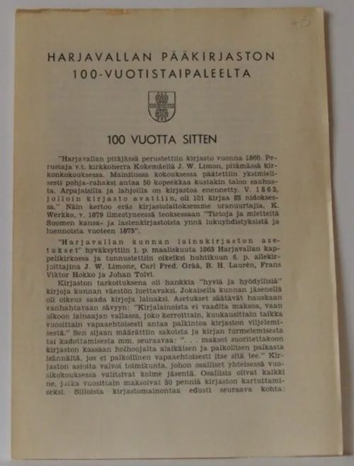 Harjavallan pääkirjaston 100-vuotistaipaleelta | Brahen Antikvariaatti | Osta Antikvaarista - Kirjakauppa verkossa