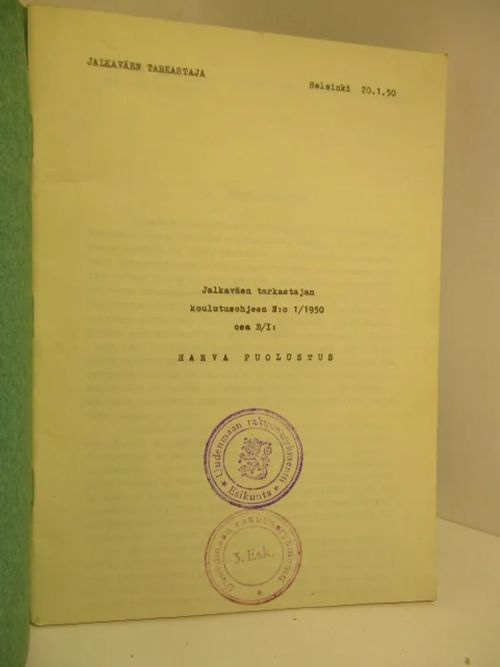 Jalkaväen tarkastajan koulutusohjen N:o 1/1950 osa B/I: Harva puolustus | Brahen Antikvariaatti | Osta Antikvaarista - Kirjakauppa verkossa