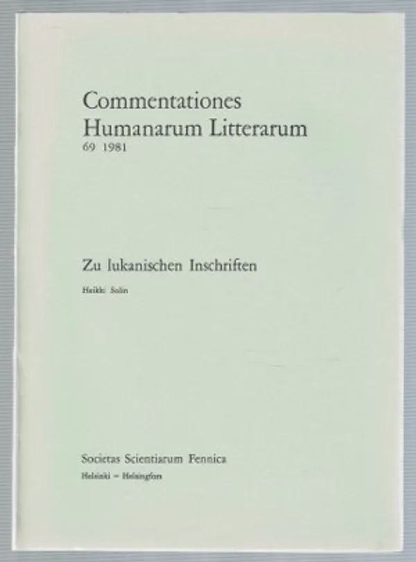 Zu lukanischen Inschriften - Solin, Heikki | Päijänne Antikvariaatti Oy | Osta Antikvaarista - Kirjakauppa verkossa