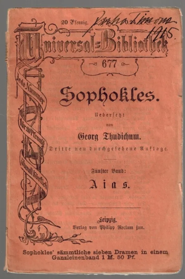 Fünfter Band: Aias. Aus dem Griechischen von Georg Thudichum - Sophokles | Päijänne Antikvariaatti Oy | Osta Antikvaarista - Kirjakauppa verkossa