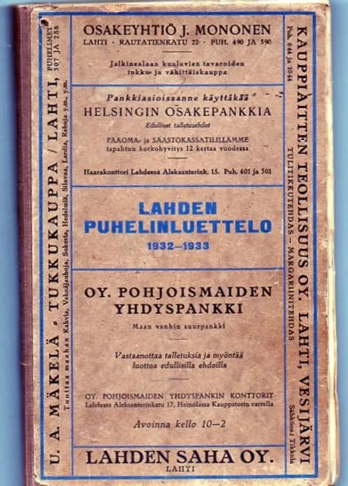 Lahden puhelinluettelo 1932-1933 | Vilikka Oy | Osta Antikvaarista -  Kirjakauppa verkossa